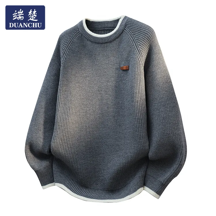 男士秋冬日系简约慵懒风插肩袖针织衫男时尚潮流假两件宽松毛衣