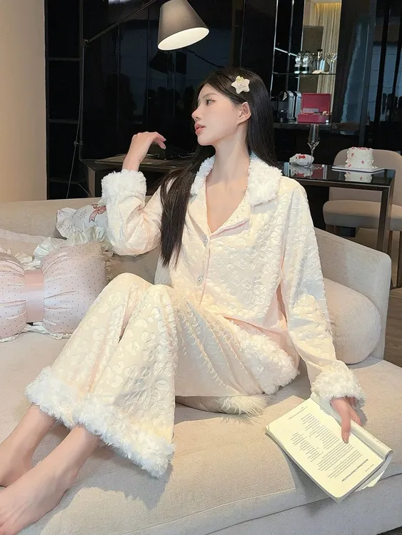 豹纹海岛绒冬季睡衣女秋冬双面绒加厚保暖长袖开衫三件套装可外穿