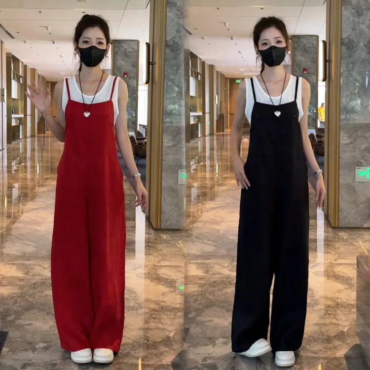 25亚麻高腰设计感直筒背带裤+女背心打底简约纯色两件套