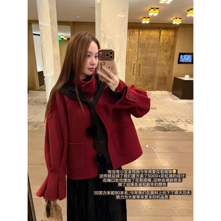 张涩涩“璀璨新意"自带玫瑰香 红色10苏力羊驼90羊毛双面呢短外套