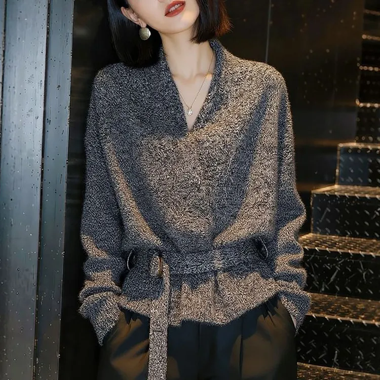 灰色V领针织开衫女秋冬慵懒高级感洋气减龄系带收腰毛衣外套上衣