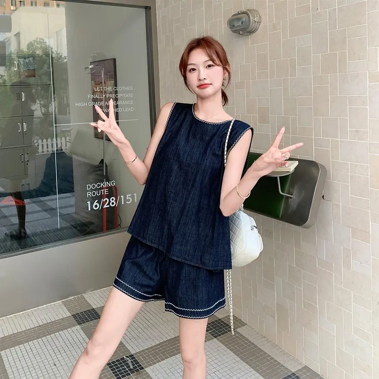 深蓝色轻薄牛仔无袖背心套装女2025夏季小个子休闲显瘦短裤两件套