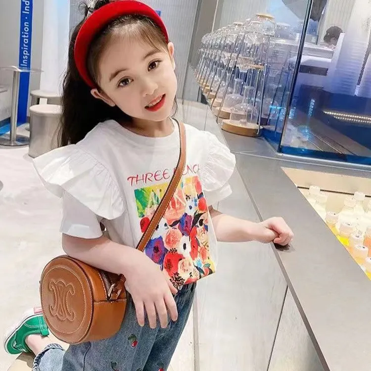 2025夏季爆款荷叶袖网红油画女童短t恤洋气圆领上衣印花衫套头T