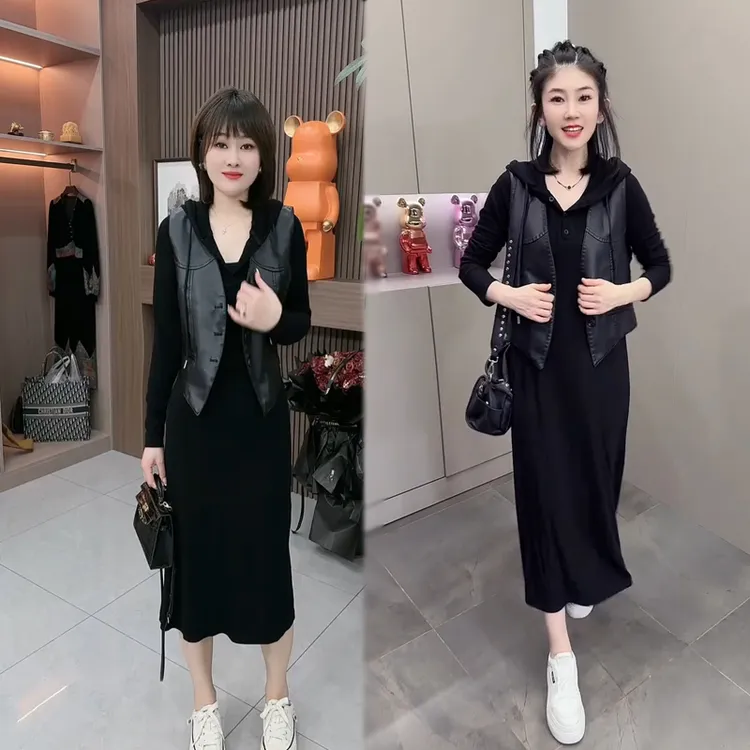MDJ【3360】简约通勤减龄连帽连衣裙+外套2025秋季新款休闲两件套