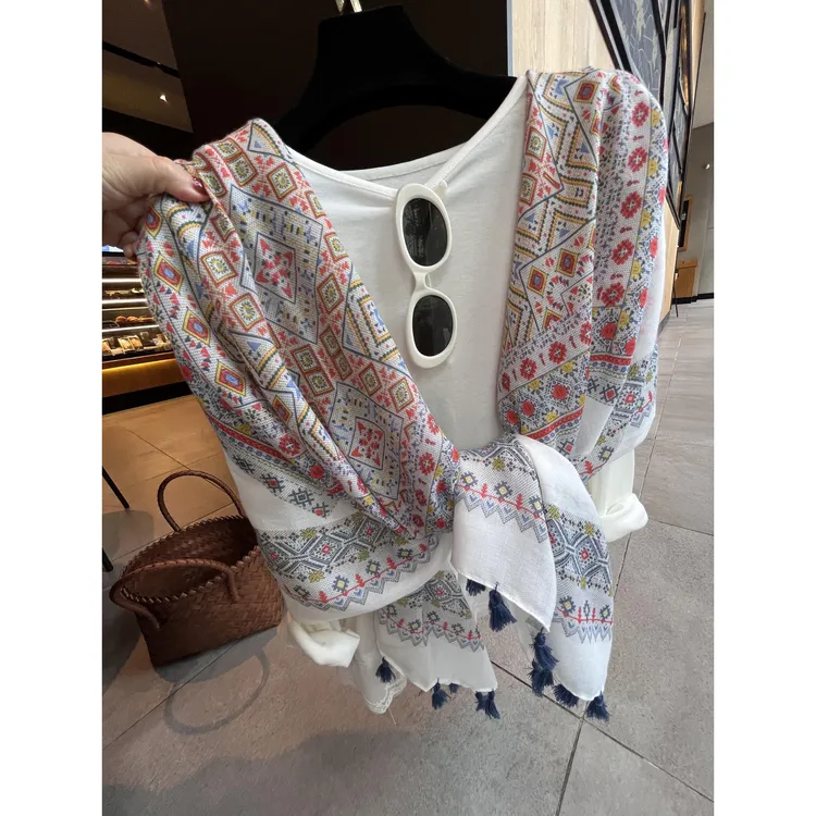 culv丝巾女夏季民族风百搭长纱巾空调披肩几何流苏沙滩巾防晒围巾