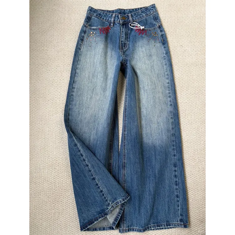 美式复古烫钉烫钻重工牛仔裤女秋冬新款休闲水洗宽松显瘦阔腿裤子