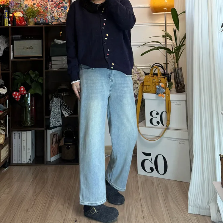 YZJ【拿铁裤】大码秋冬加绒水洗高弹百搭显瘦直筒裤烟管九分牛仔裤