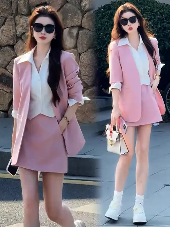 时尚西装套装女2025新款洋气显瘦假两件拼接西服外套半身裙两件套