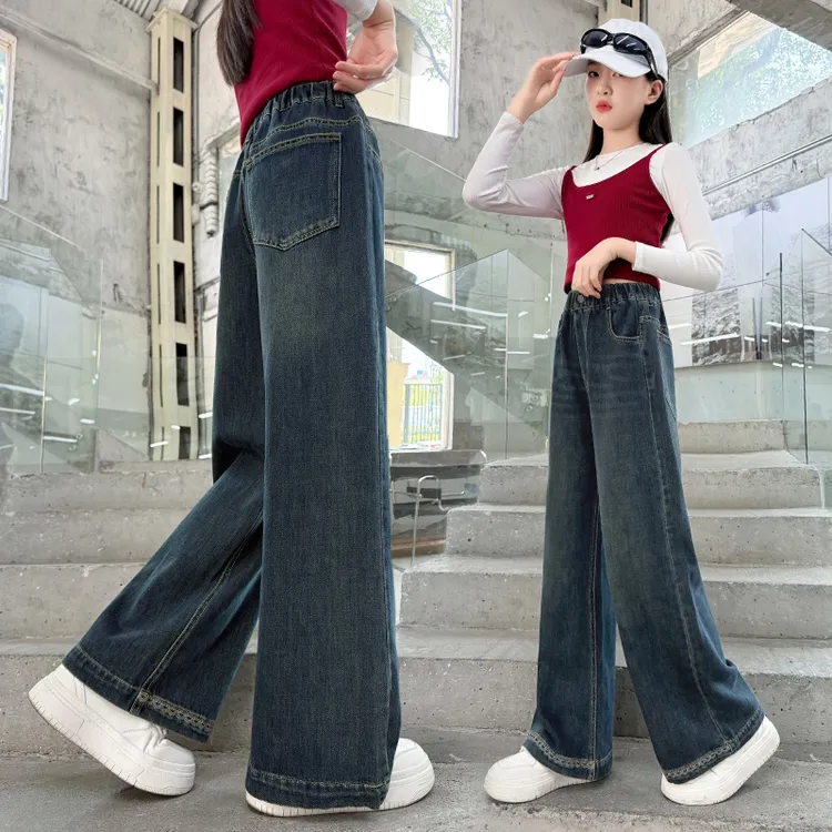 女童牛仔裤秋季2025新款女大童秋装阔腿裤春秋初中生女孩加绒裤子