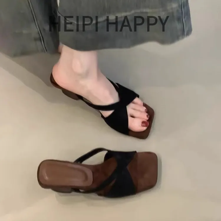 羊皮版现货~复古豹纹高跟粗跟拖鞋凉鞋女夏外穿露趾方头气质半拖
