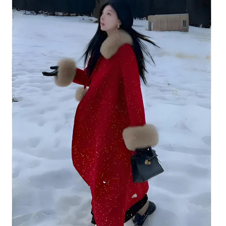 【现货】2025新年战袍红色斗篷毛呢外套冬季加厚中长款过膝呢子大衣