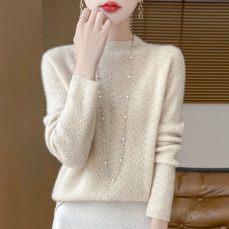 秋冬季半高领100%羊绒女镂空提花长袖针织毛衣宽松百搭气质打底衫