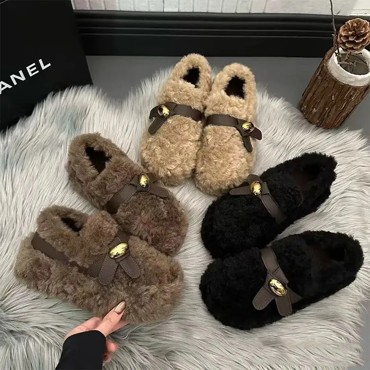 厚底全包勃肯女鞋加绒豆豆鞋2025新款冬季一脚蹬毛毛鞋博肯棉鞋子