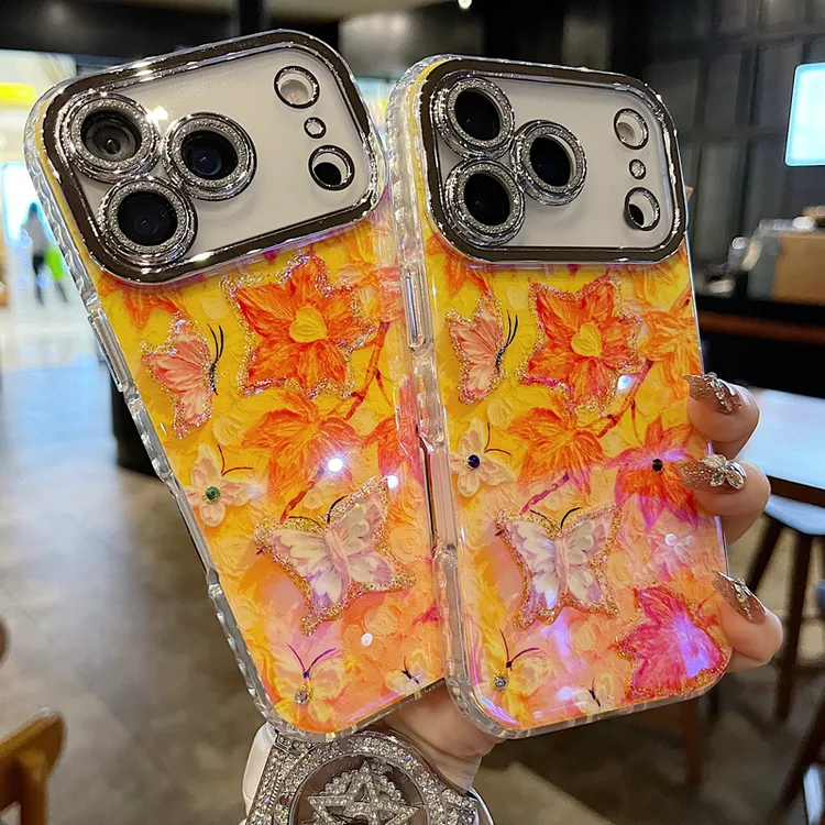 适用苹果系列iPhone17新款手机壳蓝光滴胶香橙枫叶全包闪粉镜头框