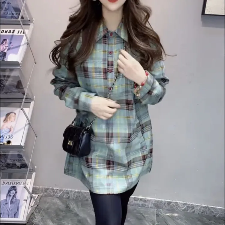 时尚减龄宽松显瘦中长款格子衬衫气质休闲百搭女装