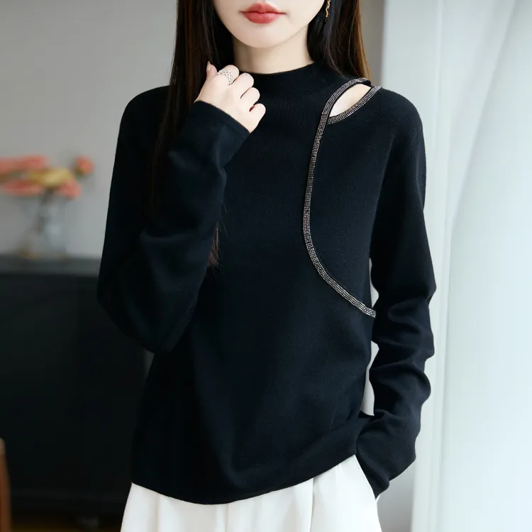 欧货露肩烫钻薄款春秋针织毛衣半高领优雅设计感可外穿内搭上衣瘦