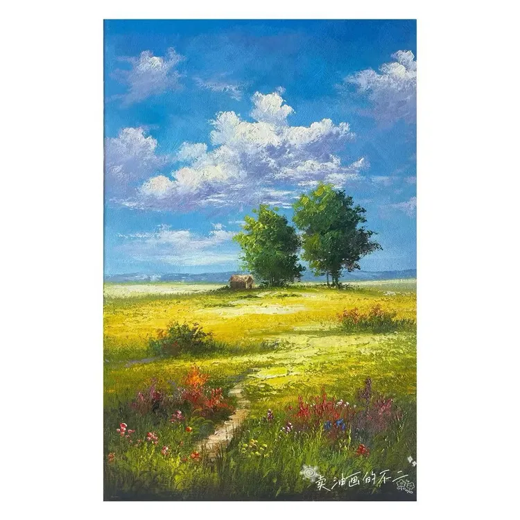 《晴空花野秘境》手绘风景油画 欧式田园风客厅装饰画 小众艺术感