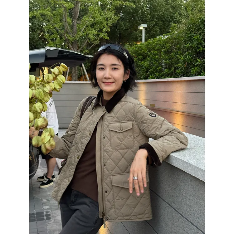 LANGQING 休闲工装拼接菱格翻领宽松外套棉服46236#