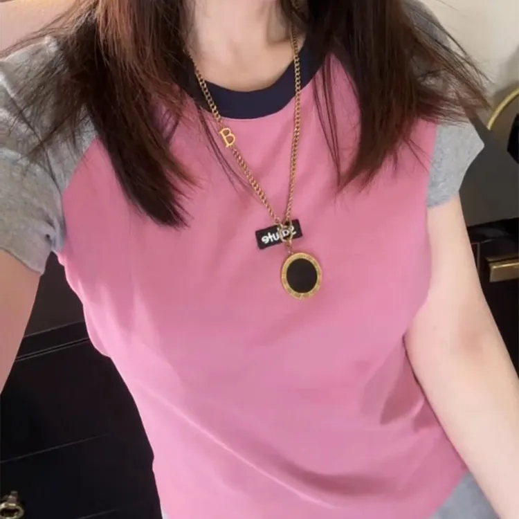 网红洋气炸街女装2025夏季撞色设计感字母修身显瘦时尚t恤短袖女