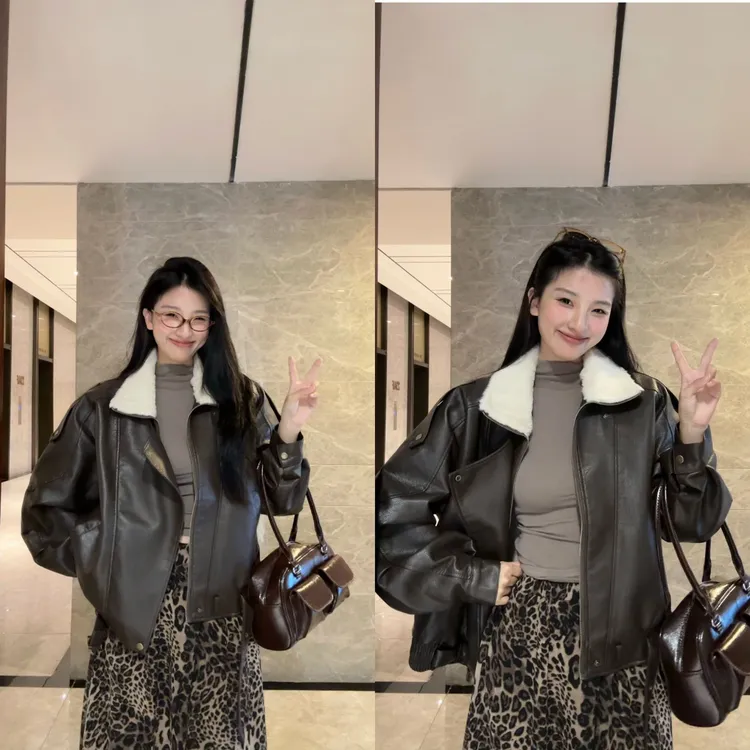 高端肌理感阔版双领机车皮衣女秋冬加绒加厚86016