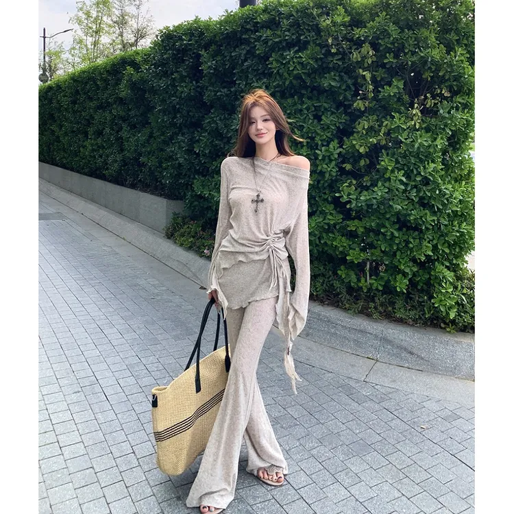 慵懒风不规则荡领木耳边露肩长袖T恤宽松显瘦休闲长裤套装女夏季