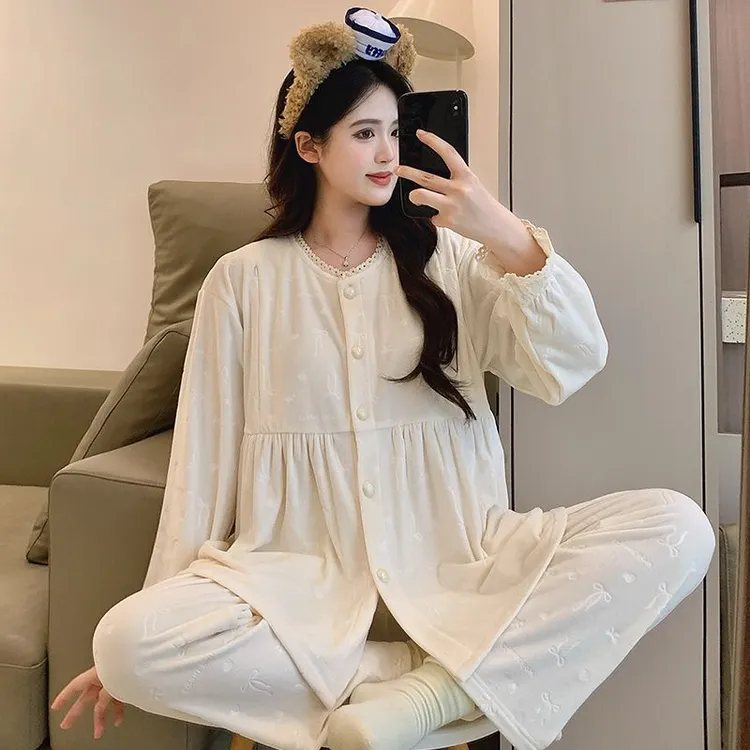 中厚款秋冬月子服产后孕妇睡衣哺乳喂奶产妇保暖德绒家居服套装冬