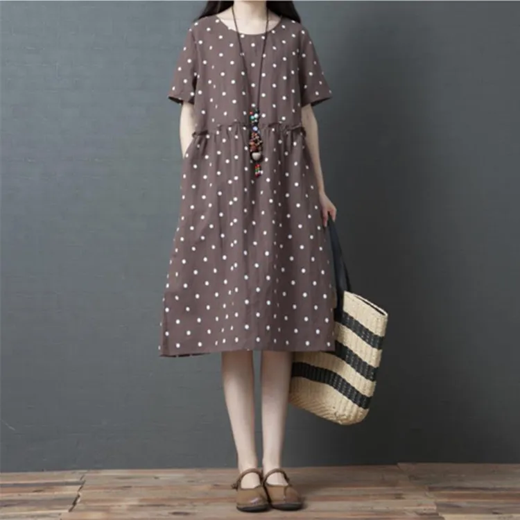 夏装女2025年新款文艺大码波点连衣裙棉麻宽松洋气遮肚短袖亚麻裙