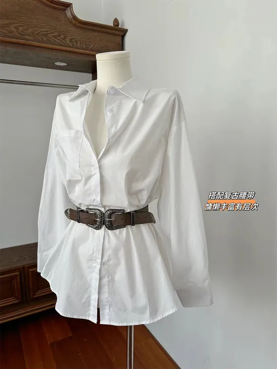 赵露思同款白色不规则翻领衬衫配腰带辣妹设计感长袖衬衣女时尚