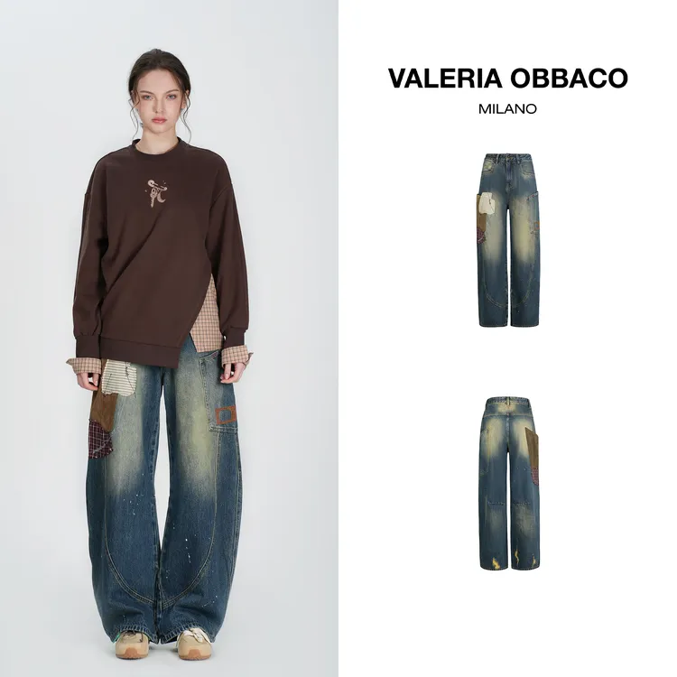 VALERIAOBBACO/瓦莱丽娅 奥贝科秋季做旧补丁弯刀宽松休闲牛仔裤