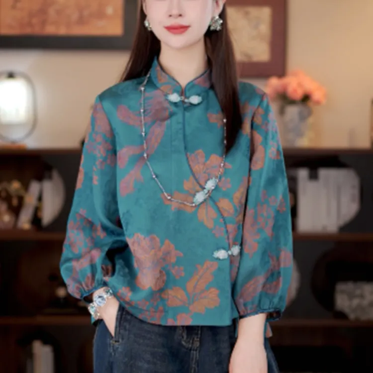 新中式印花立领盘扣斜襟衬衣女秋季新款气质减龄中国风唐装上衣