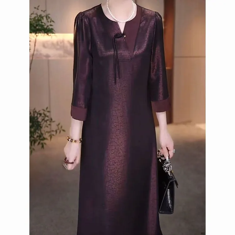 大码显瘦新中式黑丝缎连衣裙2025新款女妈妈夏季高档遮肉礼服裙子
