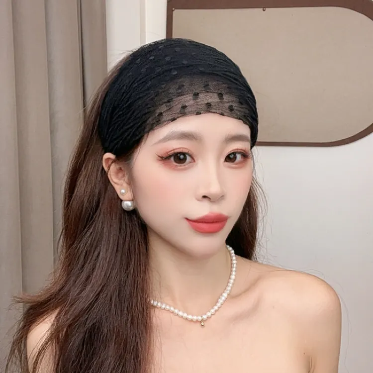 原创黑色亮片蕾丝半帽发箍遮白发洋气百搭头箍女士头饰品女