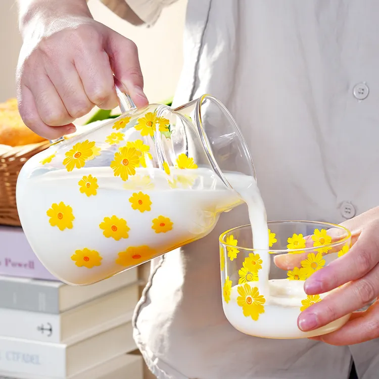 耐高温雏菊玻璃杯办公室冷饮杯泡菜杯带把手带盖喝水杯子一人套装