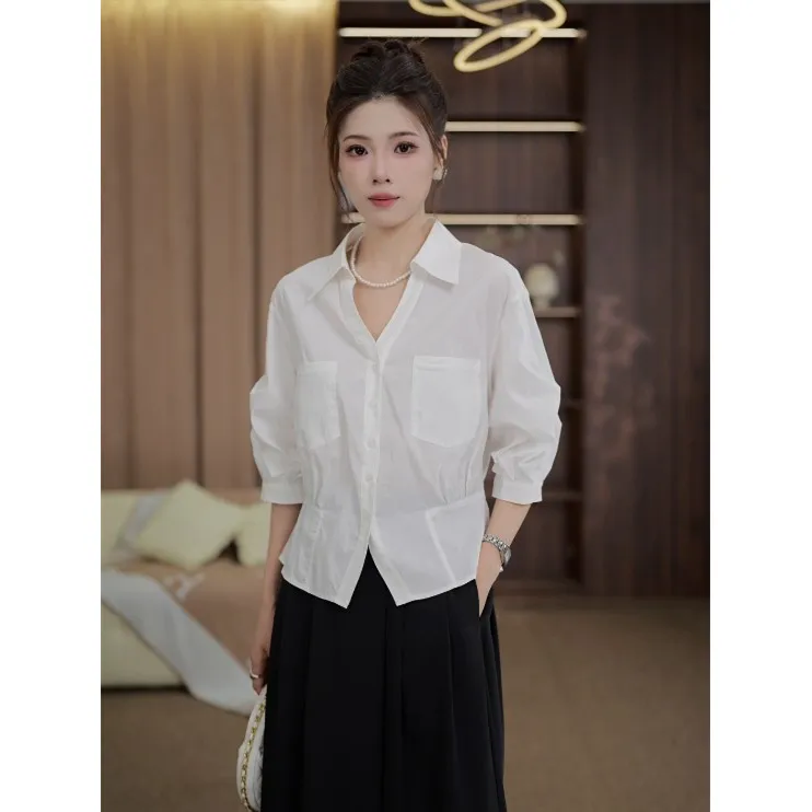 TITI定制【白玉美人】轻奢气质纯色短袖衬衫显瘦百搭上衣TZ1718005