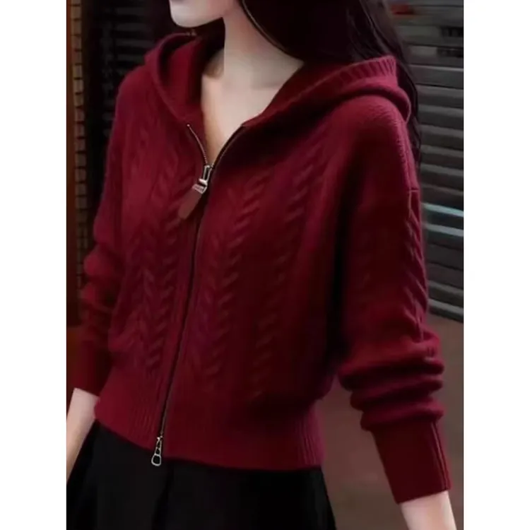 红色连帽毛衣开衫女士气质慵懒高级感减龄洋气宽松显瘦针织衫上衣