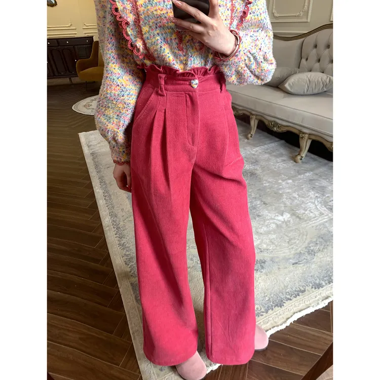 现货一生罗曼【彩色泡泡】加绒加厚百搭显瘦后腰松紧腰阔腿长裤K775