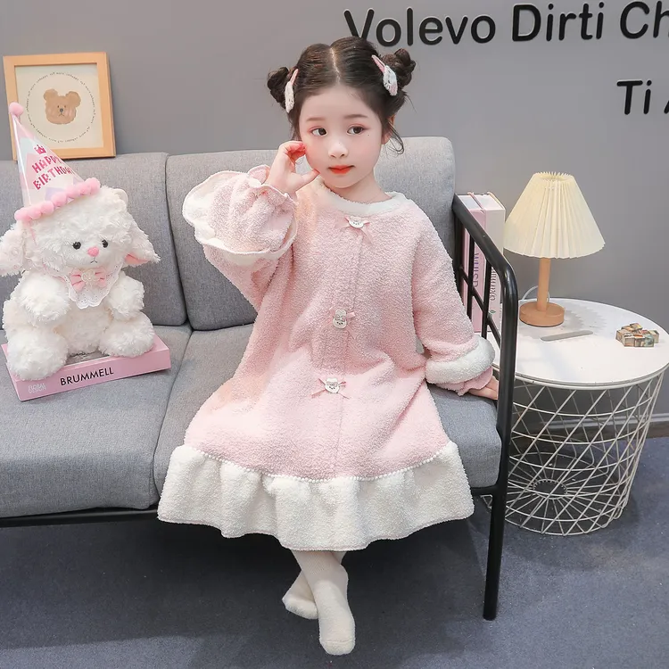 儿童睡裙秋冬款法兰绒女孩宝宝睡衣家居服珊瑚绒冬季洗澡女童浴袍