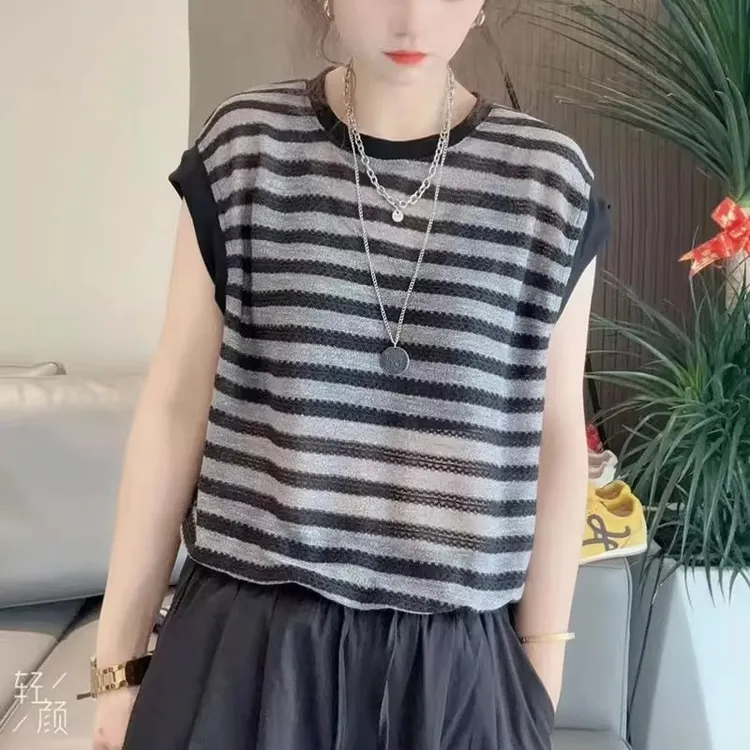 夏款圆领设计感条纹无袖T恤女2025新款韩版时尚抽绳显瘦百搭上衣