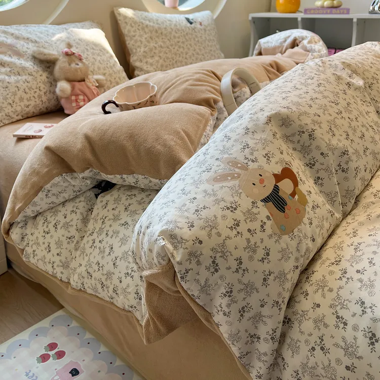 秋冬ab面全棉牛奶绒床上四件套加厚纯棉珊瑚绒被套床单三件套床品