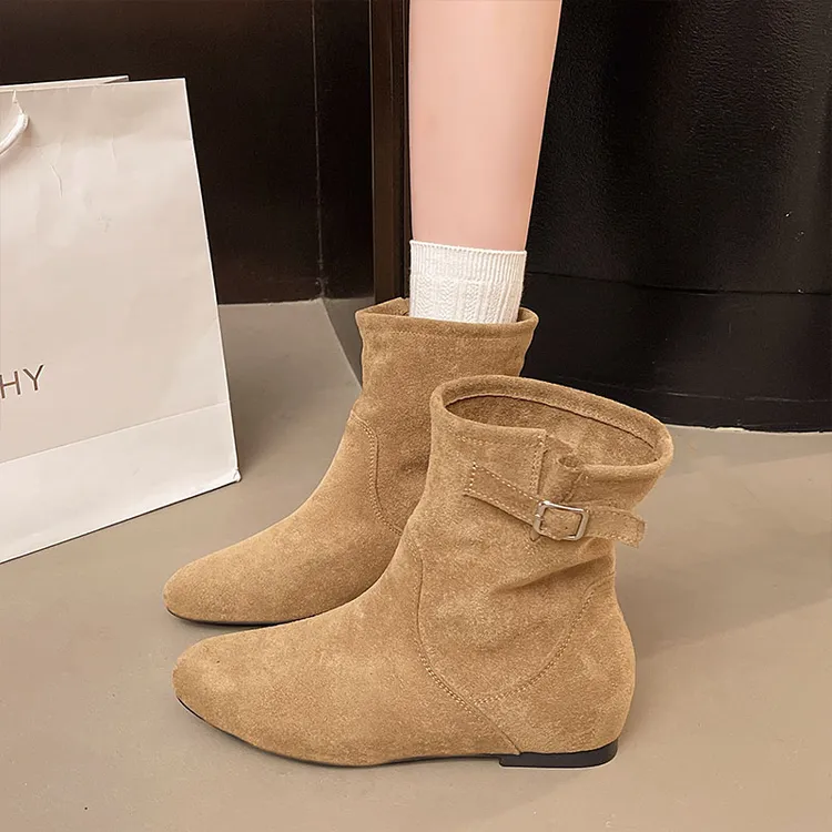【万达撤柜】复古风搭扣防滑平底短靴女2025新款中筒瘦瘦靴一脚蹬内