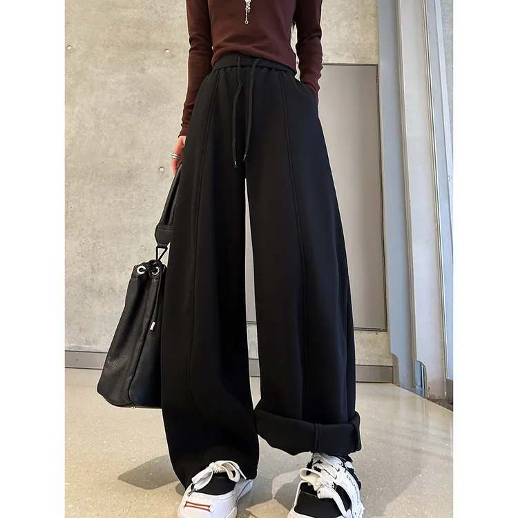 动感少女加绒加厚休闲卫裤女款2025秋冬爆款网红阔腿弯刀运动裤子