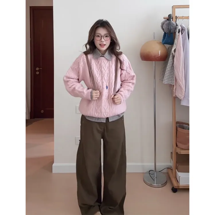 parkyeon秋季新款粉色针织毛衣叠穿格纹衬衫上衣女高腰阔腿裤套装