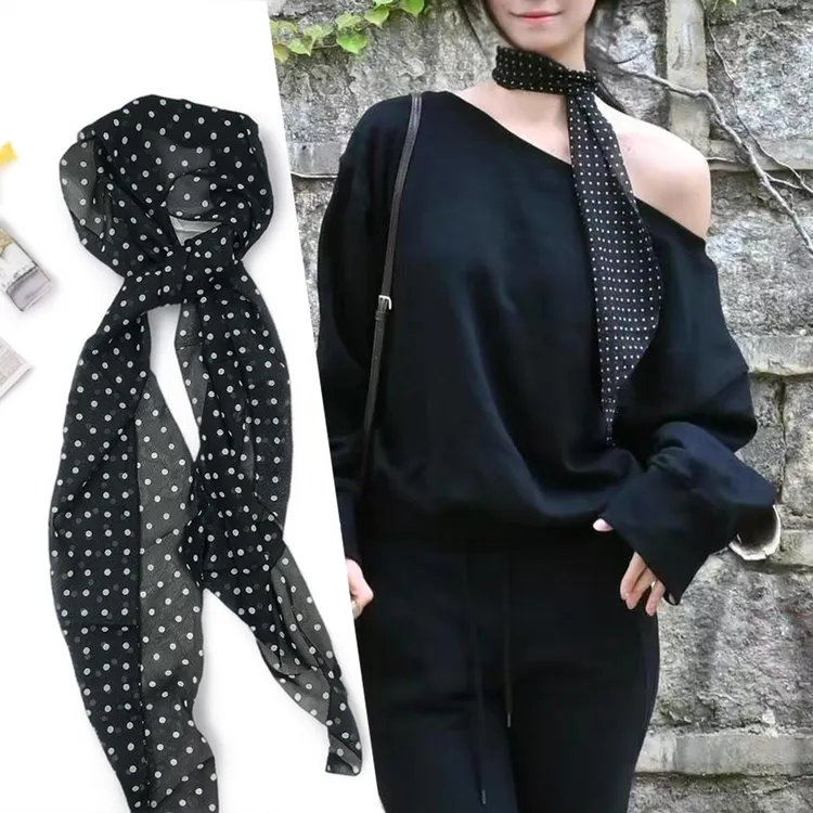 黑色小波点丝巾女仿圆点围巾百搭薄款柔软纱巾女旅游拍照披肩