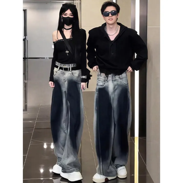 蓝色渐变直筒阔腿牛仔裤男款痞帅高级感美式复古裤子水洗做旧长裤