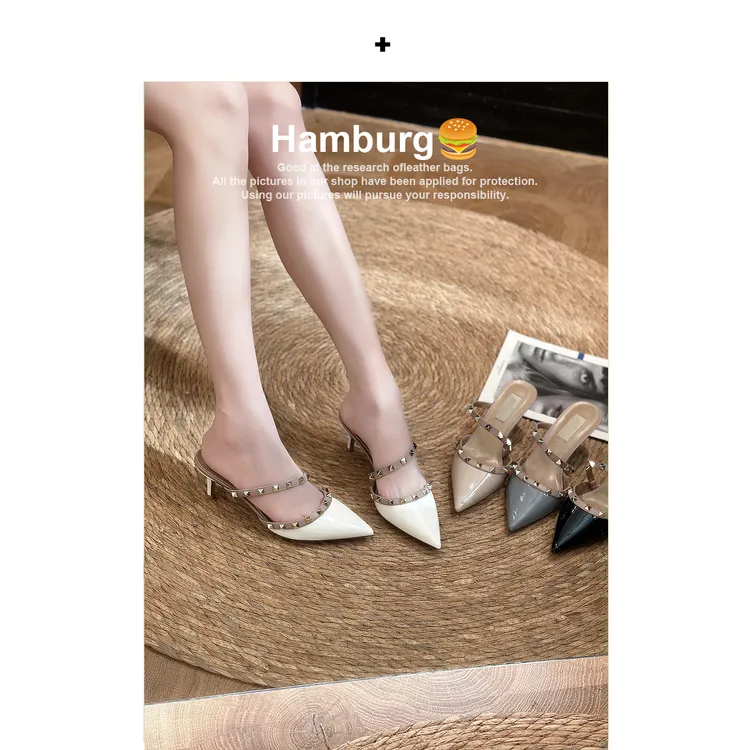 汉堡Hamburg 【三种跟高】裸色高跟鞋女铆钉尖头一字带气质半拖鞋女