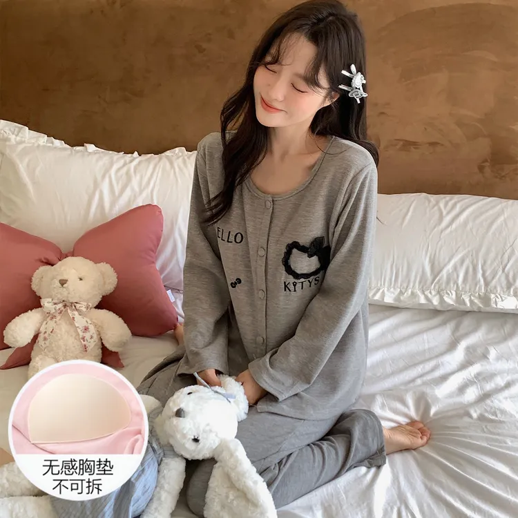 睡衣女士秋冬季网红风长袖保暖带胸垫2025新款开衫灰色套装家居服