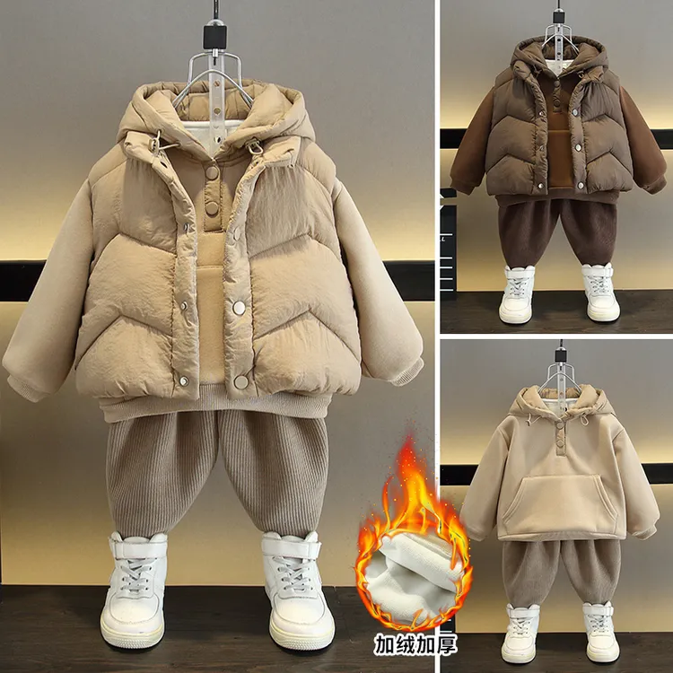 男童秋冬加绒套装宝宝三件套加厚洋气儿童装中小童男孩衣服深秋装
