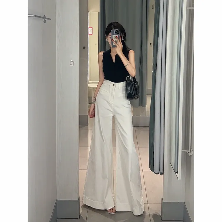 气质白色高腰超阔腿牛仔裤女2025秋季新款显瘦百搭垂感拖地长裤