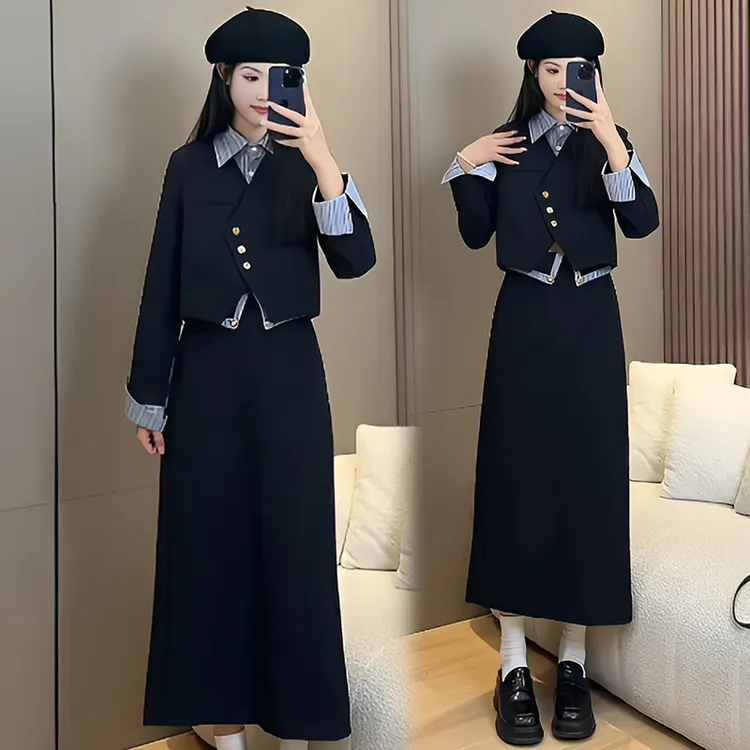 今年流行漂亮套装裙女春秋季气质高级感假两件小外套半身裙两件套