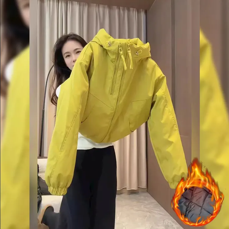 黄绿色夹棉保暖棉服女2025秋冬季新款时尚减龄气质连帽加厚冲锋衣